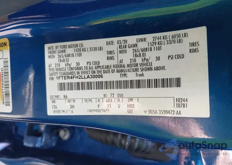 2020 Ford Ranger Lariat from USA, damaged, VIN 1FTER4FH2LLA30006